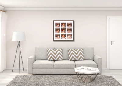 Frame pricing for photography in Taipei, a grey sitting room with framed portraits behind a sofa
