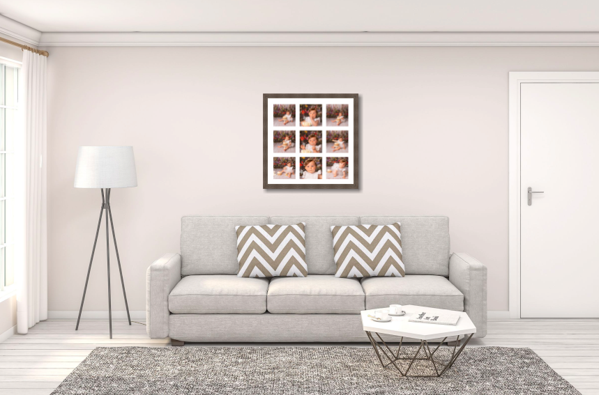 Frame pricing for photography in Taipei, a grey sitting room with framed portraits behind a sofa