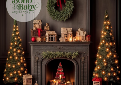 Taipei christmas photoshoot set, a pair of christmas trees either side of a fireplace filled with candles